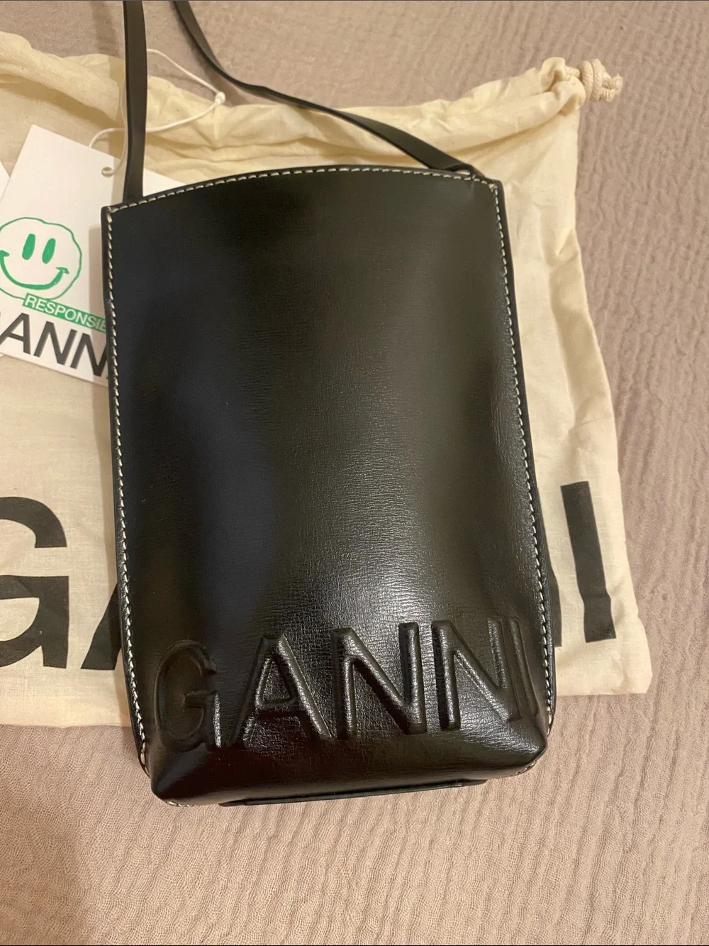 Ganni Black Embossed Leather Phone  Crossbody. New